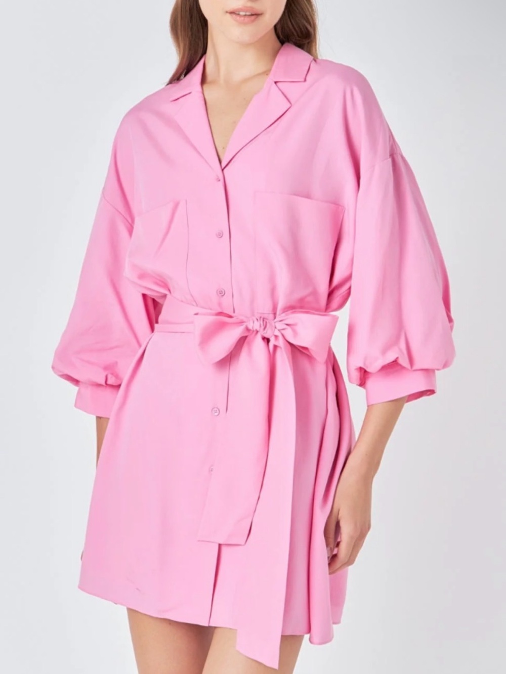 ENDLESS ROSE Shirt Dress Blouson Sleeve Pink Belted Mini Barbiecore - Size Large